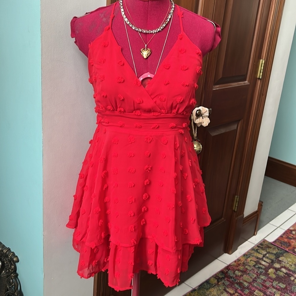 Lulu’s  NWT  Swiss dot  Red  spaghetti strap halter dress  sheer/ lining  size S